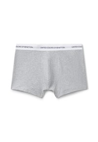Boxer shorts grigi con una cintura elastica bianca etichettata "United Colors of Benetton". Tessuto morbido con una texture liscia e design aderente.