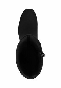 Black knee-high boot made of smooth material, with a rounded toe and interior lining, featuring a side zipper for easy wear.