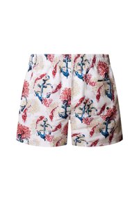 Hvide badeshorts med elastisk taljebånd, prydet med blå ankre, rød og beige koral samt røde fiskemønstre.