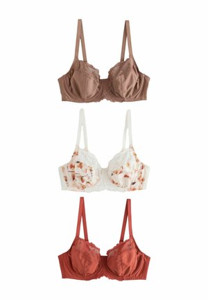 Three lace-trimmed bras in brown, white with floral pattern, and rust red, arranged vertically on a white background.