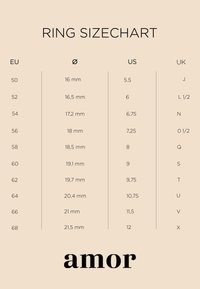 Tabella delle taglie degli anelli che mostra le taglie in EU (50-68), i diametri corrispondenti in mm, le taglie USA e le taglie UK. Sfondo beige con testo in nero in grassetto.
