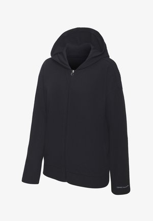 Black zip-up hooded jacket with long sleeves and ribbed texture, featuring a small "French Connection" label on the left cuff.