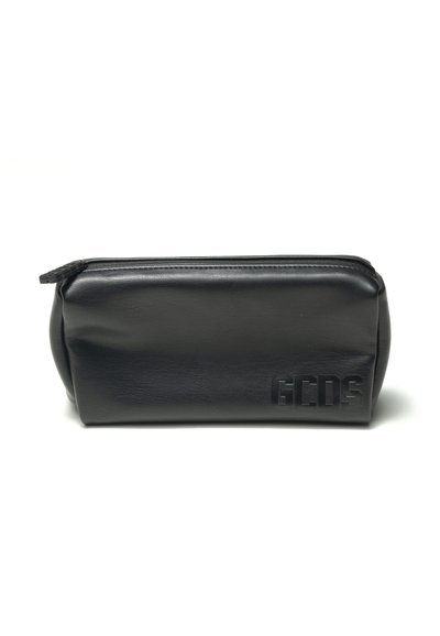Black vegan leather pouch with a rectangular shape, top zipper closure, embossed "GCDS" logo on the side, and smooth texture.
