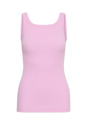 Różowy prążkowany top na ramiączkach bez rękawów, z kwadratowym dekoltem, dopasowanym krojem i bezszwowym dołem na białym tle.