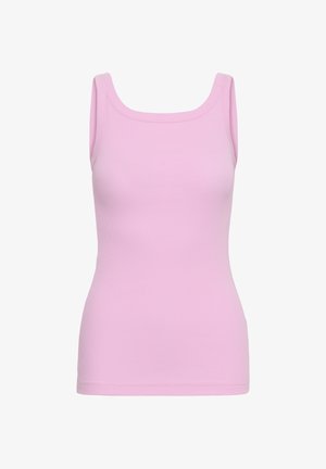 Mouwloos roze geribd tanktopje met een vierkante halslijn, getailleerd silhouet en naadloze zoom op een witte achtergrond.
