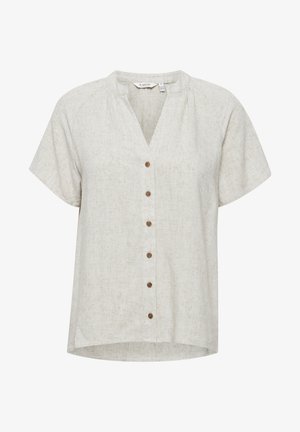 Bluză scurtă, fără mâneci, de culoare bej deschis, cu guler în V, având un închidere cu nasturi la față, cu nasturi maro și un material texturat subtil.