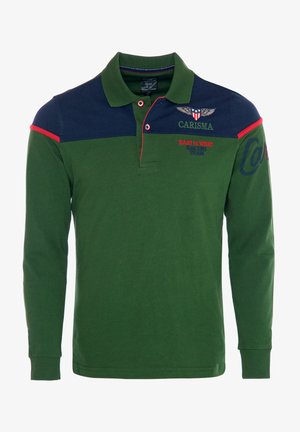Zelena dolga polo majica z modrimi rameni, rdečimi poudarki in vezenim napisom. Ima ovratnik in dvokopni zapon.