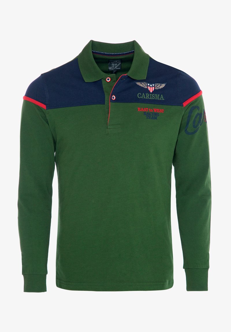 Žalias ilgas rankovėmis polo marškinėlis su tamsiai mėlynomis petnešomis, raudonais akcentais ir siuvinėtu tekstu. Yra apykaklė ir dviejų mygtukų priekinis užsegimas.