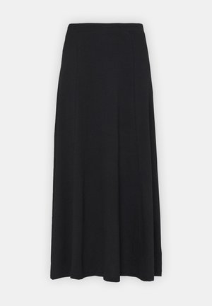 Jupe maxi de couleur noire unie. Design évasé avec une texture lisse et une taille élastique. Aucune imprimé ni accent visible.