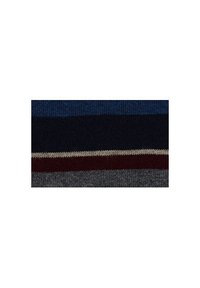 Tessuto a maglia con strisce orizzontali nei colori blu navy, blu scuro, bordeaux, crema e grigio. Texture liscia con blocchi di colore variabili.