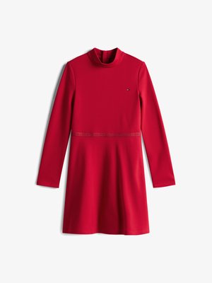 Red long-sleeve dress with a high collar, made of smooth fabric. Features a tonal band at the waist and a small brand logo on the chest.