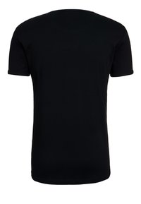 Black short-sleeve t-shirt, crew neck, made of soft cotton fabric, smooth texture, plain design with no visible patterns or accents.