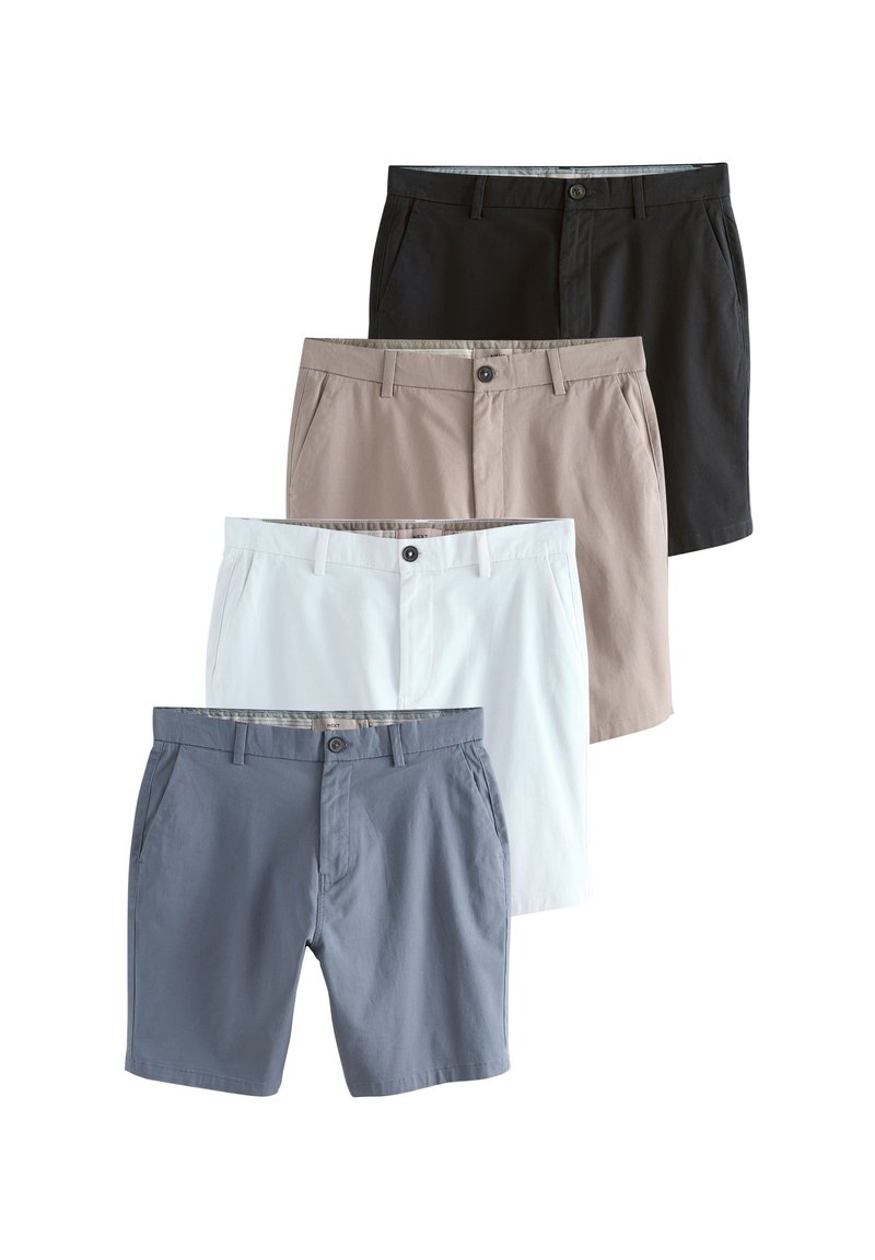 Heren shorts in vier kleuren: zwart, beige, wit en lichtgrijs. Gemaakt van lichtgewicht stof met platte voorkanten en zakken.