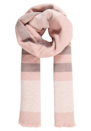 Zachte gebreide sjaal met brede horizontale strepen in tinten roze, beige en bruin, opgevouwen met zichtbare franjes aan de randen.