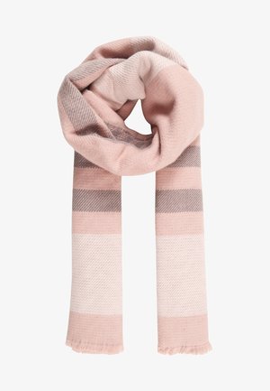 Écharpe en maille douce avec de larges rayures horizontales dans des tons de rose, beige et marron, pliée avec les bords à franges visibles.