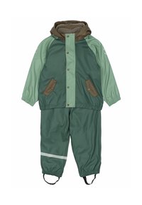 Regnrock och byxset i grönt och mint. Har elastiska mudd, bruna detaljer, tryckknappar framtill och reflexrand på byxorna. Mjuk fodring.