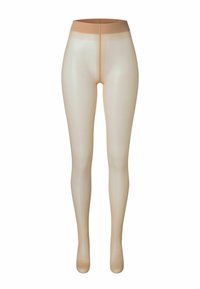 Collant beige opaco con una morbida fascia elastica in vita, texture liscia e design aderente, che si estende dalla vita alle dita dei piedi.