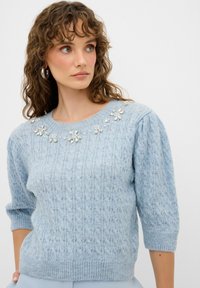 Maglione lavorato a maglia blu chiaro con motivo a treccia, scollo a girocollo e maniche a sbuffo. Presenta decorazioni di perline e accenti floreali sullo scollo.