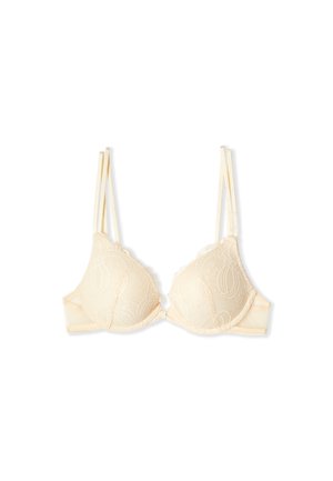 Reggiseno color beige con ferretto in pizzo, doppie spalline sottili e motivi floreali, mostrato su sfondo bianco.
