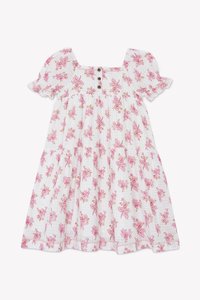 White dress with pink floral patterns, short puff sleeves, square neckline, and three brown buttons down the front. A-line shape.