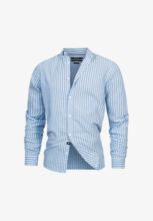 Light blue striped long-sleeve shirt with a button-down collar, featuring white vertical stripes and a curved hem.