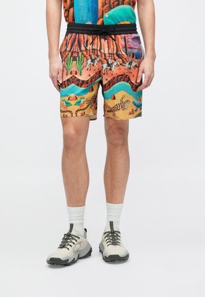 Shorts colorés avec des motifs sur le thème du désert, incluant des cactus, des animaux et de l'eau qui coule, avec une ceinture élastique noire et un cordon de serrage.