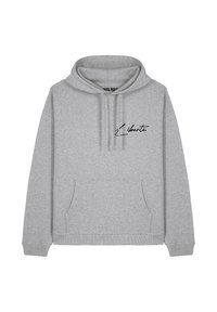 Felpa grigia con cappuccio realizzata in morbido misto cotone, con una tasca frontale e un design in testo stampato nero. Stile semplice e casual.