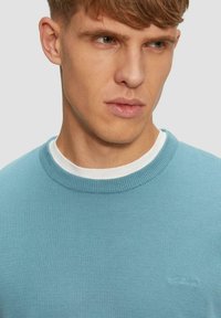 Hellblaues Strick-Crewneck-Pullover mit strukturiertem Finish und geripptem Kragen, ausgestattet mit einem dezenten Logodesign auf der Brust.