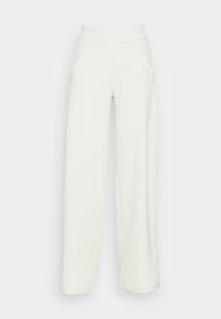 Light gray wide-leg pants with a soft texture, elastic waistband, and two side pockets. Simple design without patterns or accents.