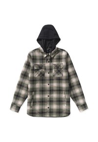 Karierte Flanelljacke mit schwarzer Kapuze, die grüne, weiße und braune Muster aufweist, zwei Fronttaschen und eine knöpfbare Verschluss.