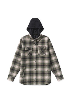 Rutig flannelskjorte med sort hætte, der har grønne, hvide og brune mønstre, to forlommer og knaplukning.