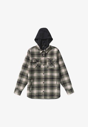 Rutig flannelskjorte med sort hætte, der har grønne, hvide og brune mønstre, to forlommer og knaplukning.