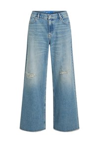 Light blue denim wide-leg jeans with distressed knee patches and frayed hem. Classic five-pocket design and button closure.