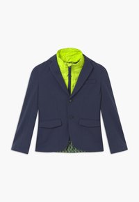 Marineblazer mit zwei Vorderaschen, Ein-Knopf-Verschluss und einem hellgrünen, gesteppten Innenfutter mit geometrischem Muster.