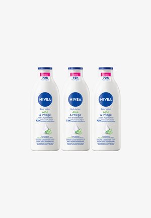 Three white NIVEA body lotion bottles with blue caps, featuring green aloe vera graphic, 72-hour hydration label, and text detailing.