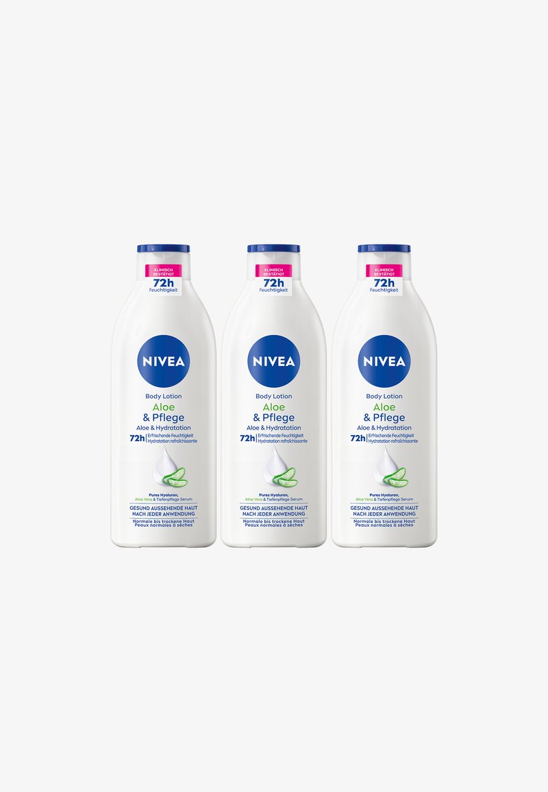 Three white NIVEA body lotion bottles with blue caps, featuring green aloe vera graphic, 72-hour hydration label, and text detailing.