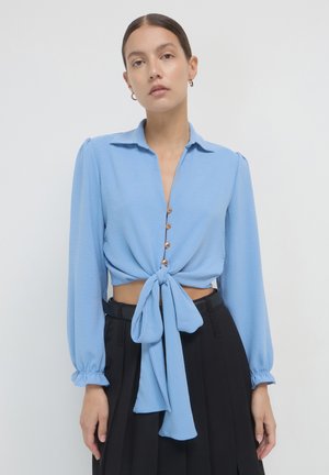 Blusa azzurro chiaro a maniche lunghe con colletto, bottoni frontali e dettaglio vita annodata. Tessuto morbido con una vestibilità rilassata e maniche arricciate.