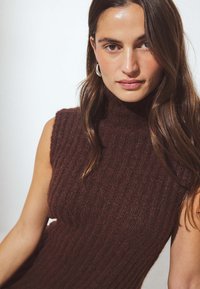 Tumepruun sooni turtleneck-svete, millel on tihe lõige. Sile tekstuur ja ilma varrukateta lõige, kantud heleda tausta ees.
