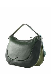 Borsa a tracolla in pelle verde con forma arrotondata, caratterizzata da una superficie texturizzata e una sola tracolla. Include un sottile dettaglio con il logo del marchio.