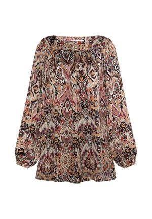 Blusa fluida a maniche lunghe con un motivo multicolore che presenta tonalità di rosa, marrone e crema; dotata di un colletto arricciato e maniche larghe.