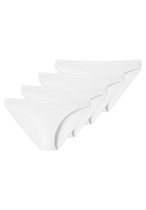 Quattro paia di slip bikini in cotone bianco. Presentano una texture liscia, una vita elastica e nessun motivo o hardware visibile.
