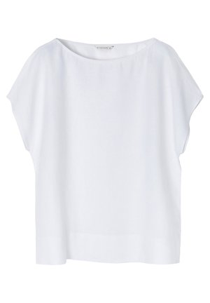 Top alb cu mâneci scurte și decolteu bateau, cu croi lejer. Fabricat dintr-un material ușor, având o textură netedă și un design simplu.