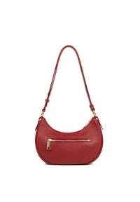 Sac à main en cuir rouge avec une silhouette incurvée, une poche avant zippée et des détails en métal doré. Bandoulière réglable pour un port polyvalent.