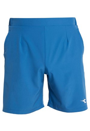 Pantaloncini sportivi blu con tasche laterali e un piccolo logo bianco sulla gamba sinistra, progettati per lo sport o un uso casual.