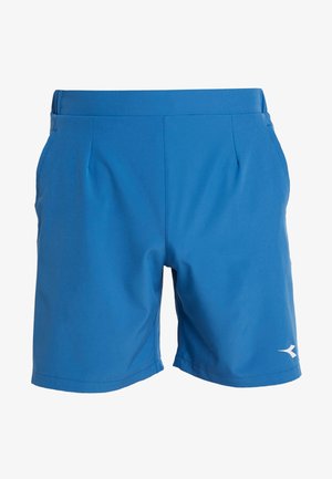 Blaue Sportshorts mit Seitentaschen und einem kleinen weißen Logo am linken Bein, entworfen für Sport oder Freizeitkleidung.