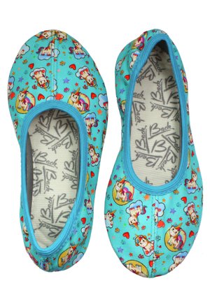 Ballet flats featuring a light blue fabric with a unicorn and star pattern, rounded toe, and elasticized opening for easy wear.