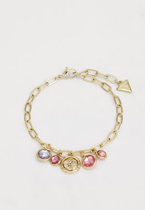 Gold-tone chain bracelet featuring pastel-colored stones in round settings, a floral medallion charm, and a triangular logo tag.