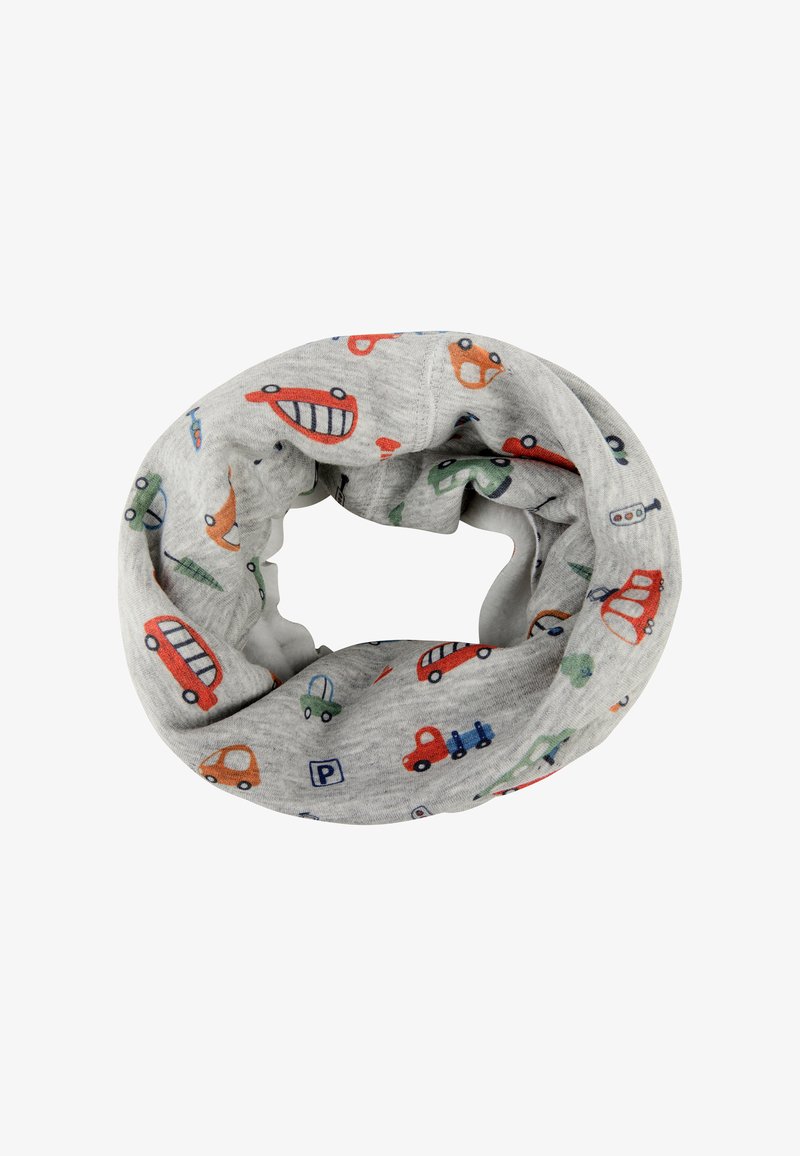 Gray circular scarf made of soft fabric, featuring colorful car and traffic designs in red, green, and blue. Lightweight and flexible.