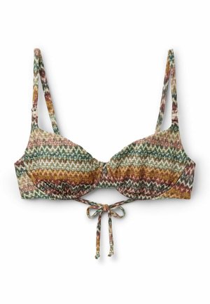 Bh med flerfarvet zigzag-mønster, justerbare skulderstropper, bøjlekopper og bindedetalje foran.