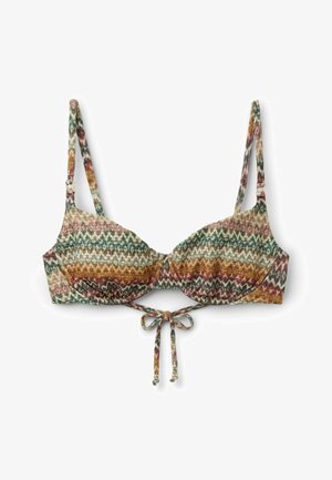 Bh med flerfarvet zigzag-mønster, justerbare skulderstropper, bøjlekopper og bindedetalje foran.